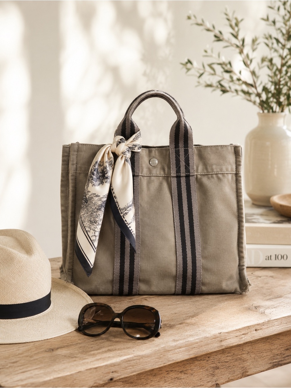 Hermès Grey Mini Tote Stripe Handle Handbag